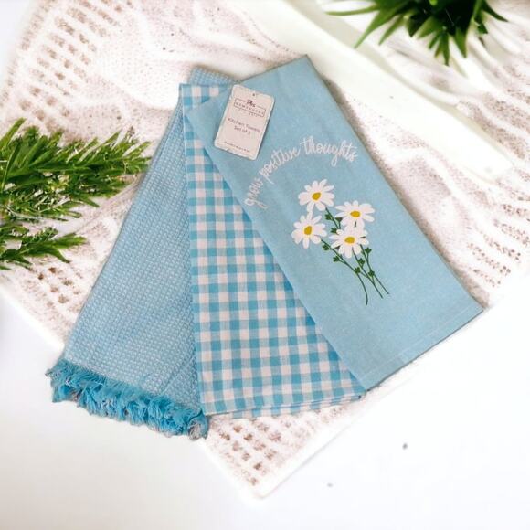PBS Homegoods Kitchen Tea Dish Towels (3) "Grow Positive Thoughts" Floral Checks - Picture 1 of 3